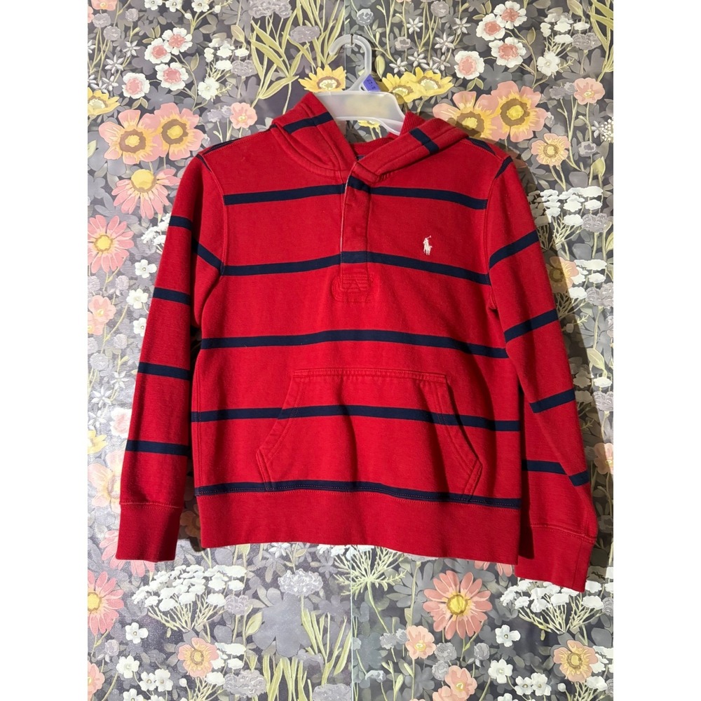 Kids Polo Ralph Lauren Red Navy Stripe Hoodie Pullover Size M 10 12โ